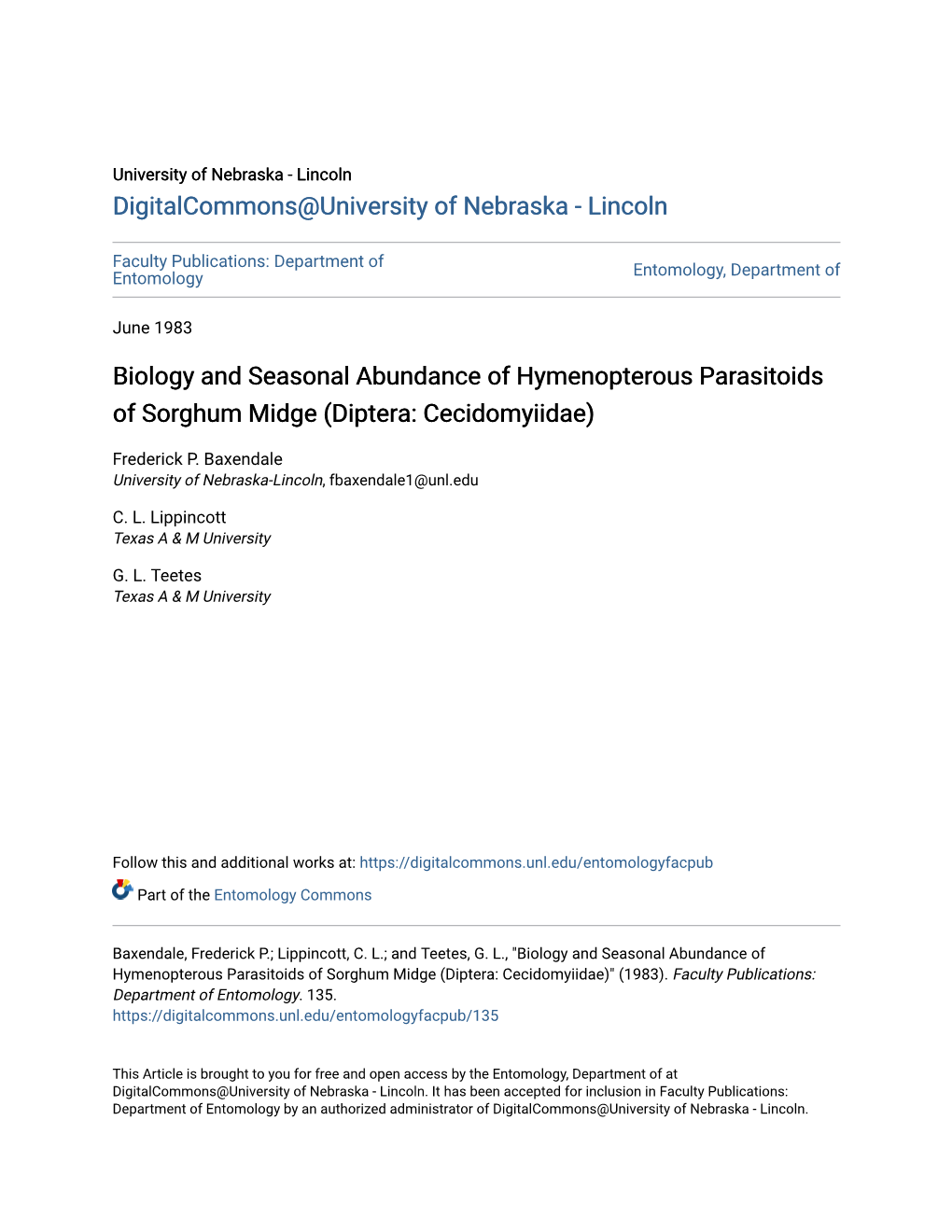 Biology and Seasonal Abundance of Hymenopterous Parasitoids of Sorghum Midge (Diptera: Cecidomyiidae)