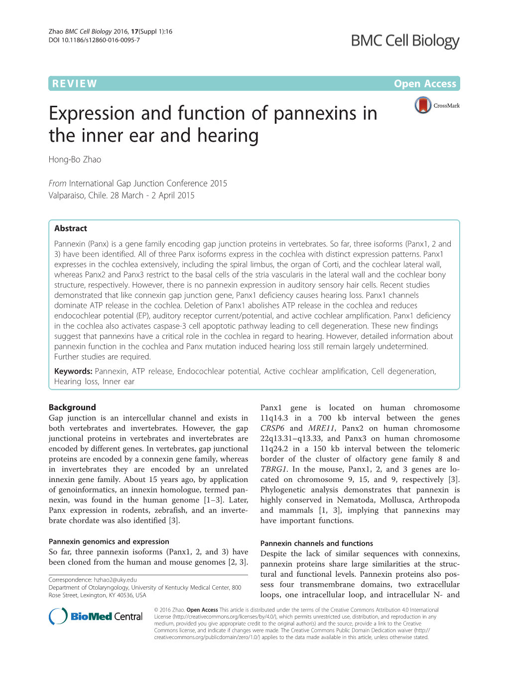 Expression and Function of Pannexins in the Inner Ear and Hearing Hong-Bo Zhao