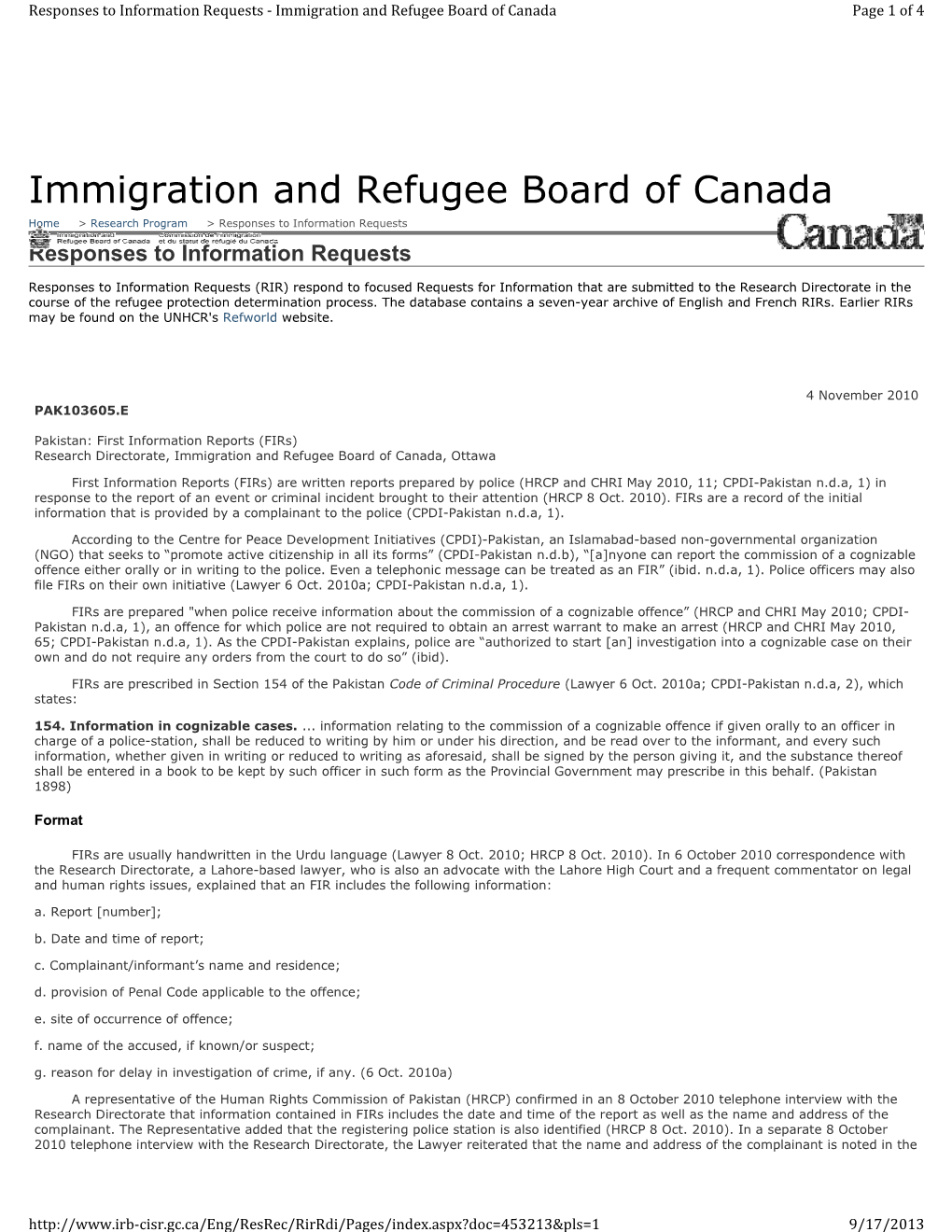 Pakistan: First Information Reports (Firs) Research Directorate, Immigration and Refugee Board of Canada, Ottawa