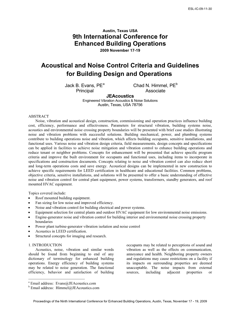 9Th International Conference for Enhanced Building Operations 2009 November 17-19