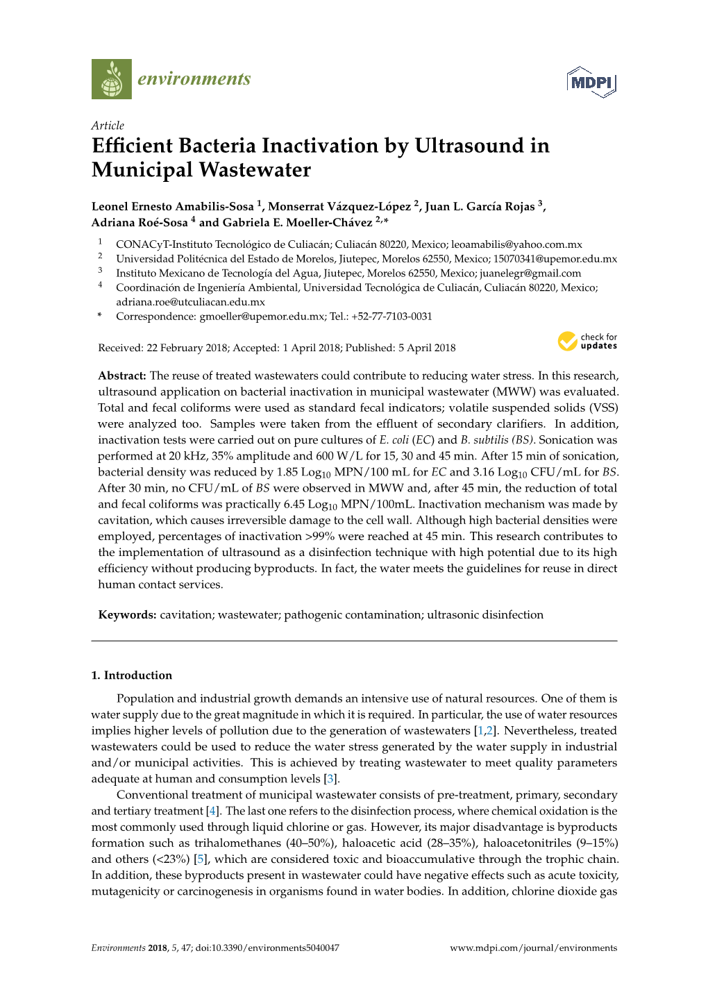 Efficient Bacteria Inactivation by Ultrasound in Municipal Wastewater