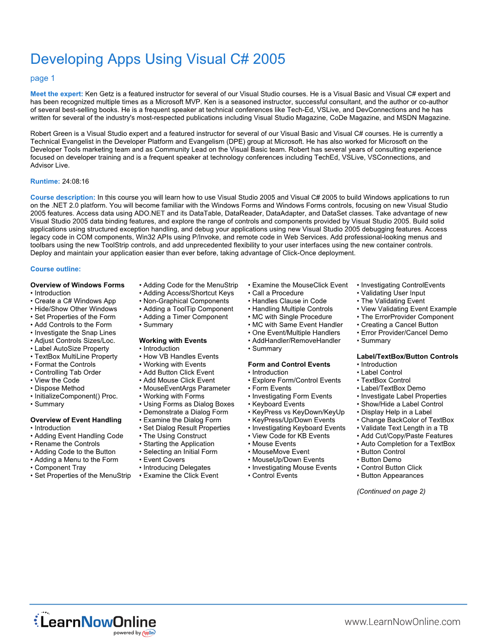 Outline for Developing Apps Using Visual C# 2005