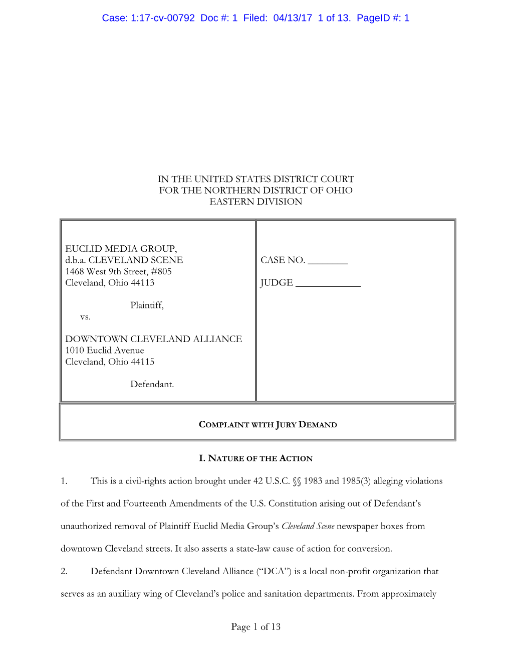 Case: 1:17-Cv-00792 Doc #: 1 Filed: 04/13/17 1 of 13. Pageid #: 1