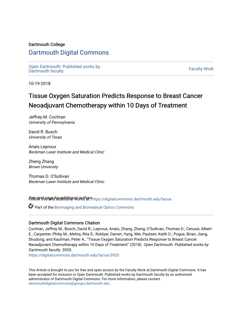 Tissue Oxygen Saturation Predicts Response to Breast Cancer Neoadjuvant Chemotherapy Within 10 Days of Treatment