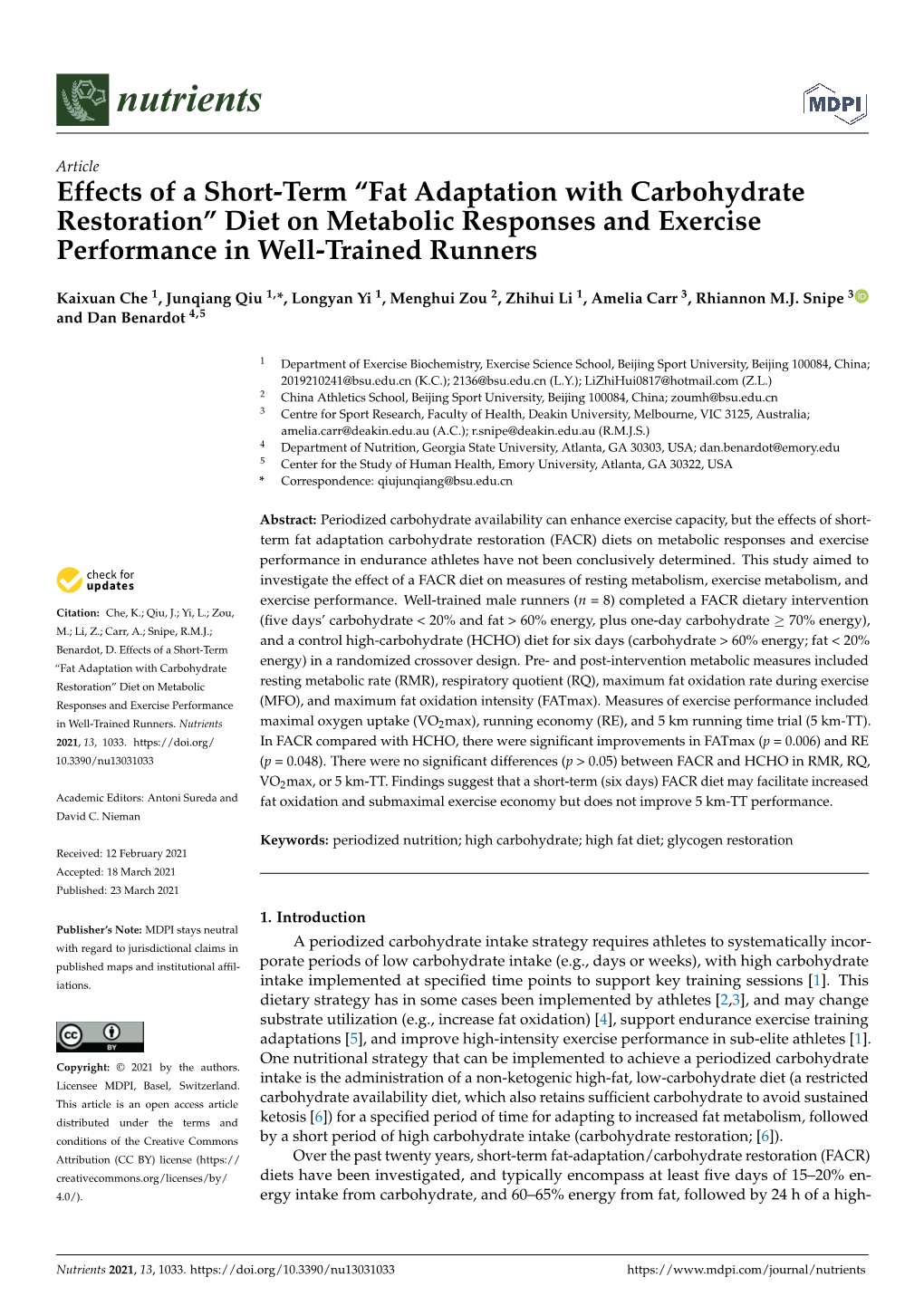 “Fat Adaptation with Carbohydrate Restoration” Diet on Metabolic Responses and Exercise Performance in Well-Trained Runners