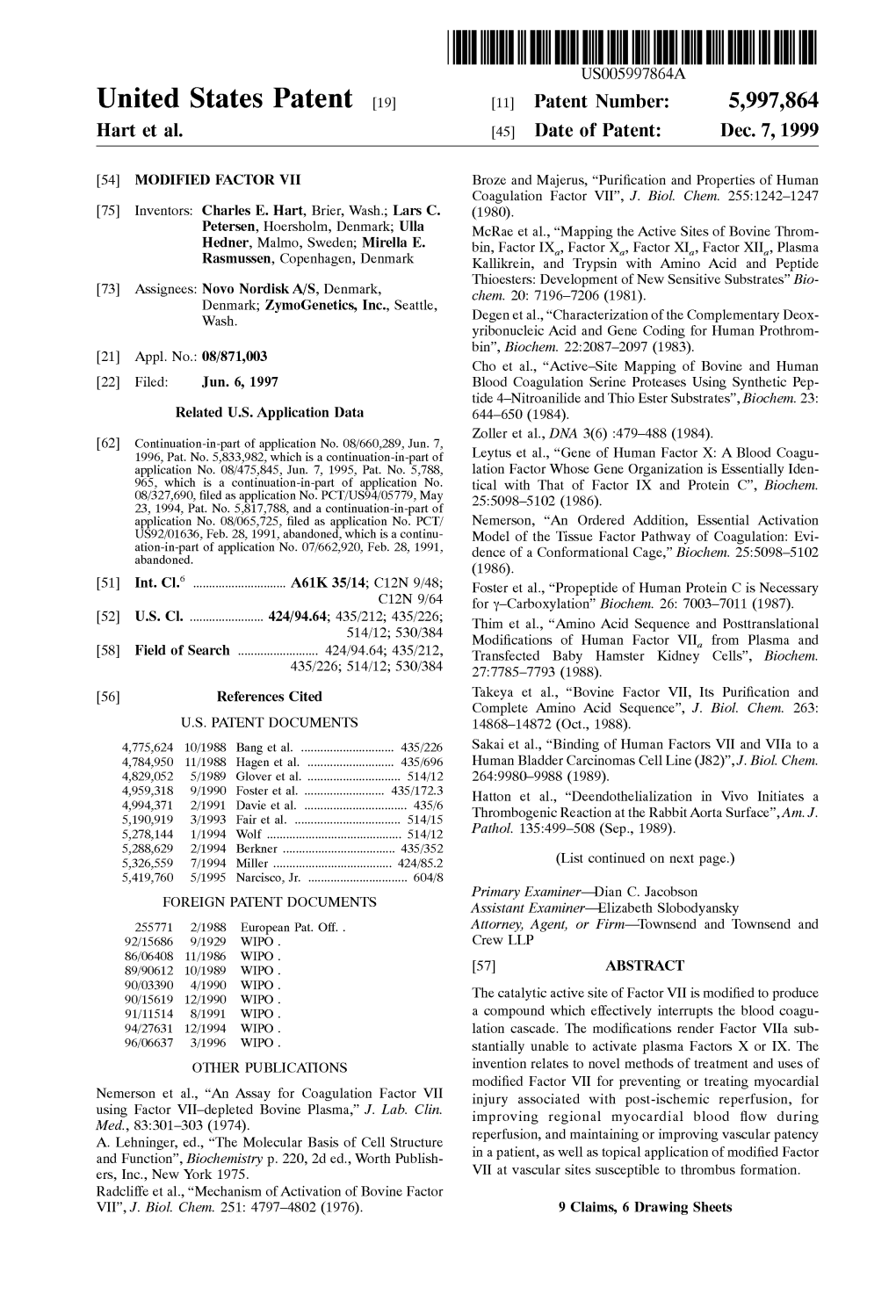 United States Patent (19) 11 Patent Number: 5,997,864 Hart Et Al