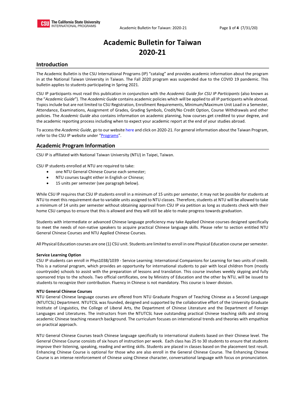 Academic Bulletin for Taiwan 2020-21