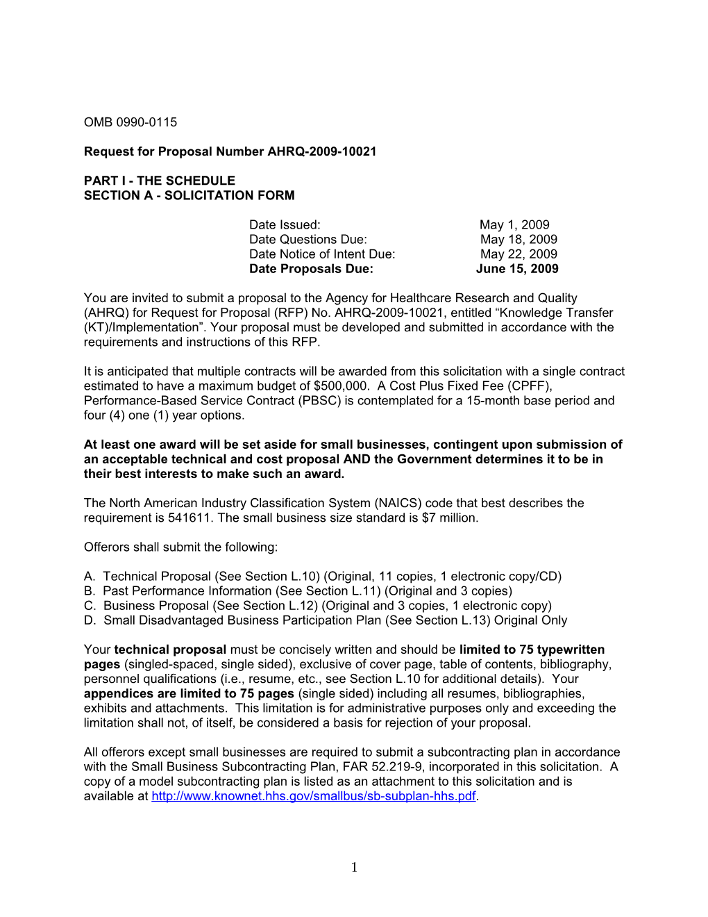 Request for Proposal Number AHRQ-2009-10021