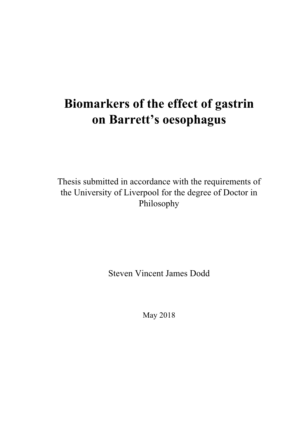 Biomarkers of the Effect of Gastrin on Barrett's Oesophagus