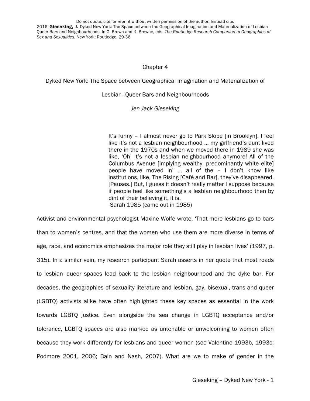 Dyked New York: the Space Between the Geographical Imagination and Materialization of Lesbian- Queer Bars and Neighbourhoods