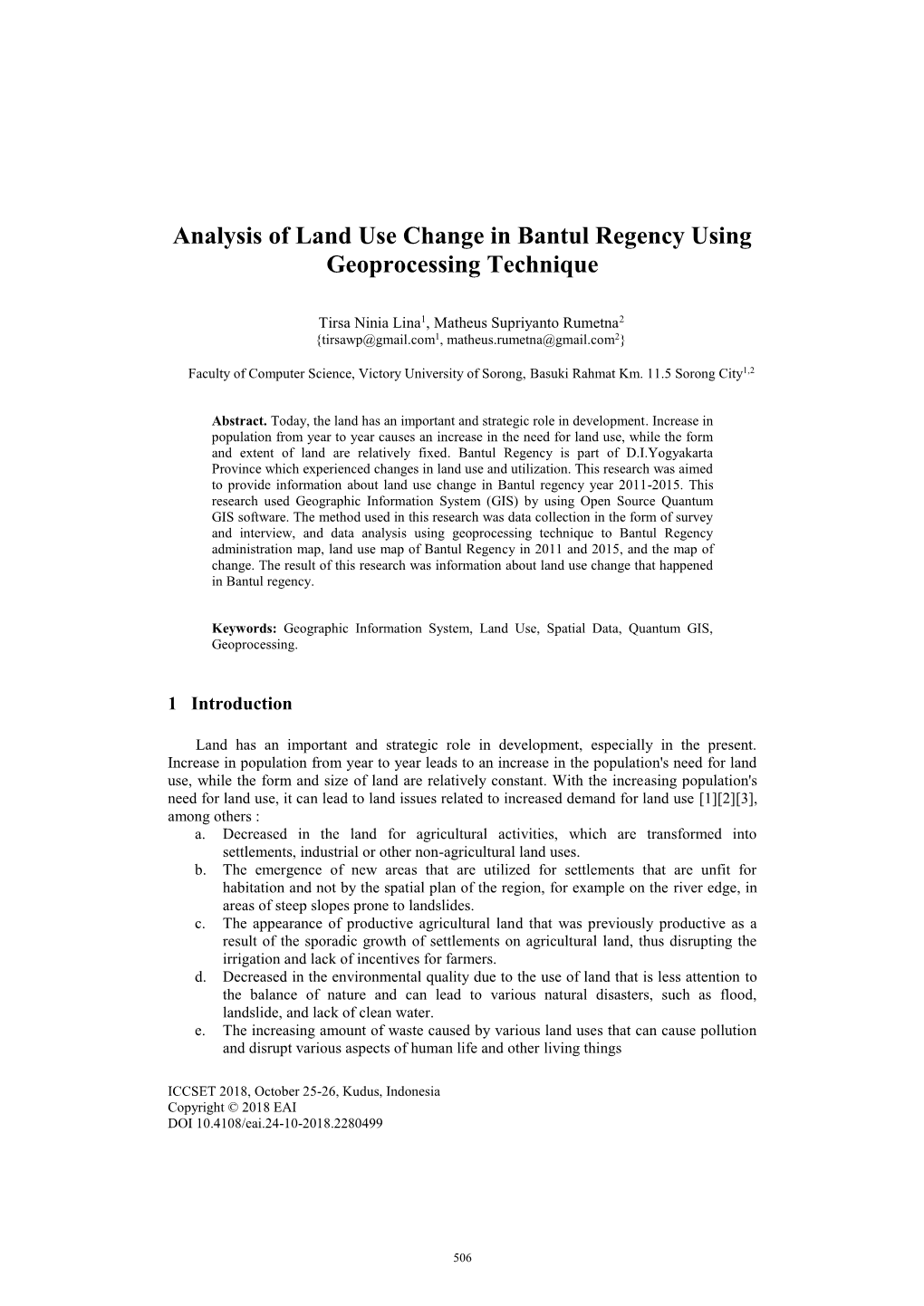Analysis of Land Use Change in Bantul Regency Using Geoprocessing Technique