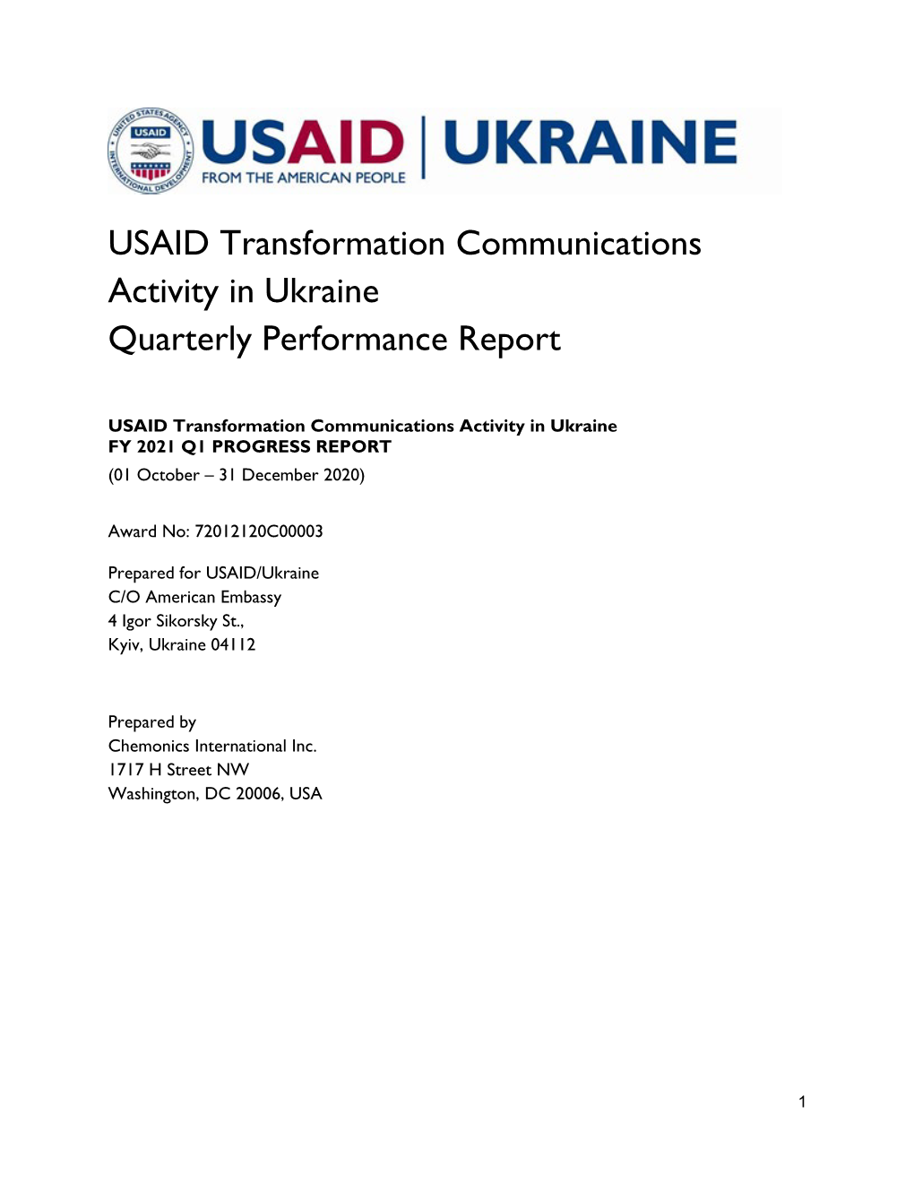 USAID Transformation Communications Activity in Ukraine Quarterly Performance Report