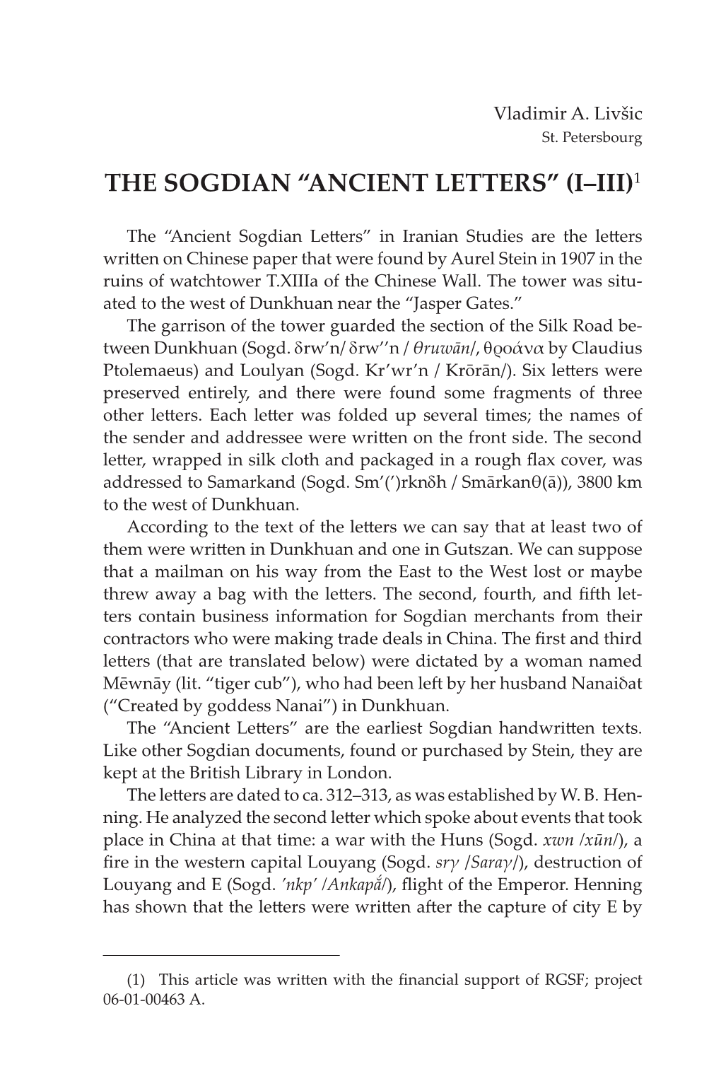 The Sogdian “Ancient Letters” (I–Iii)1