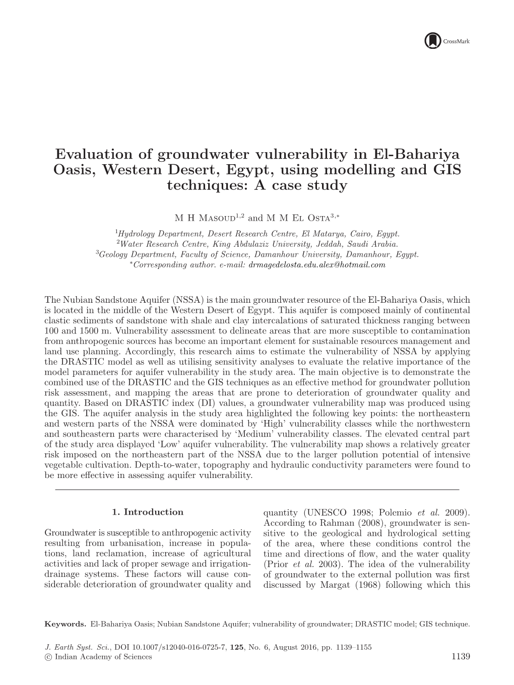 Evaluation of Groundwater Vulnerability in El-Bahariya Oasis, Western Desert, Egypt, Using Modelling and GIS Techniques: a Case Study