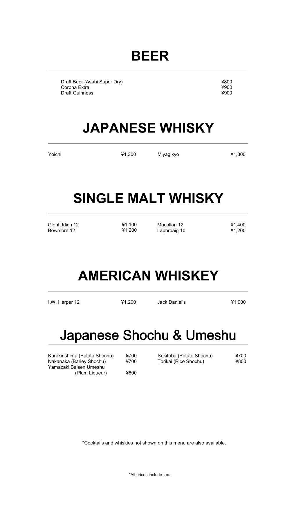 BEER JAPANESE WHISKY SINGLE MALT WHISKY AMERICAN WHISKEY Japanese Shochu & Umeshu