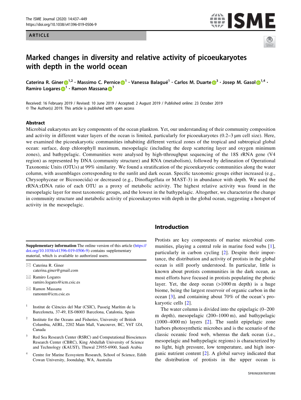 Marked Changes in Diversity and Relative Activity of Picoeukaryotes with Depth in the World Ocean