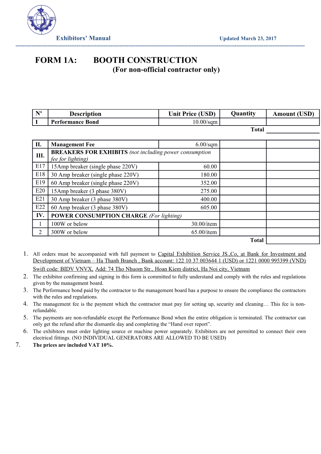 FORM 1A: BOOTH CONSTRUCTION (For Non-Official Contractor Only)