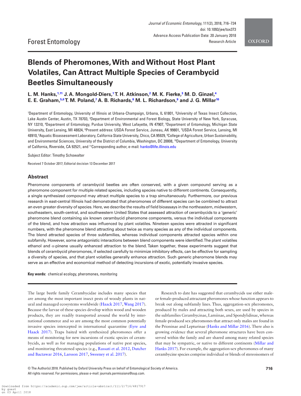 Blends of Pheromones, with and Without Host Plant Volatiles, Can Attract Multiple Species of Cerambycid Beetles Simultaneously