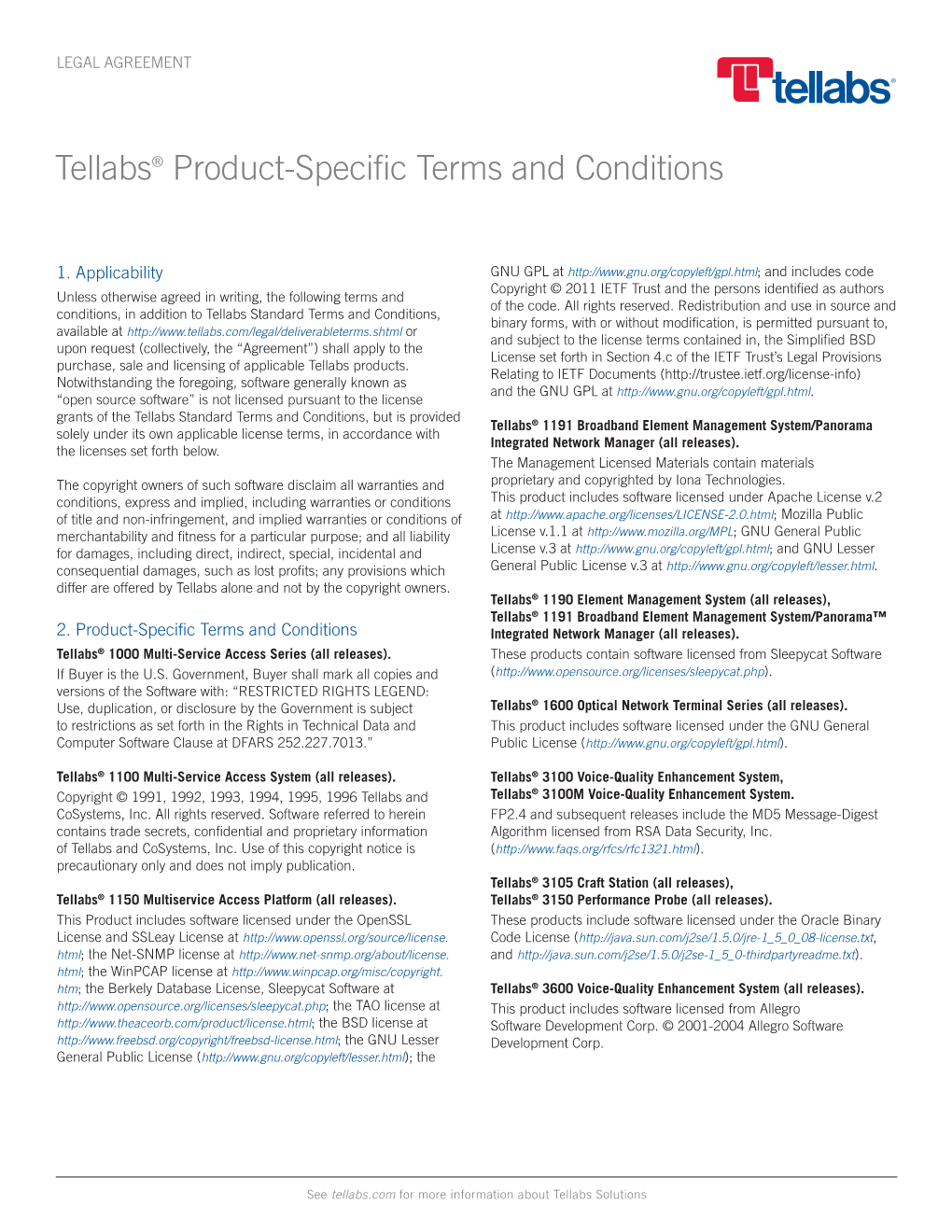 Tellabs Product-Specific Terms and Conditions