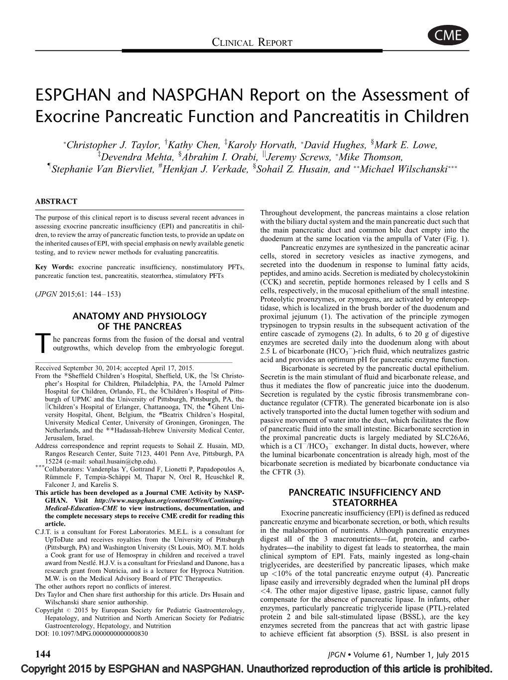 ESPGHAN and NASPGHAN Report on the Assessment of Exocrine