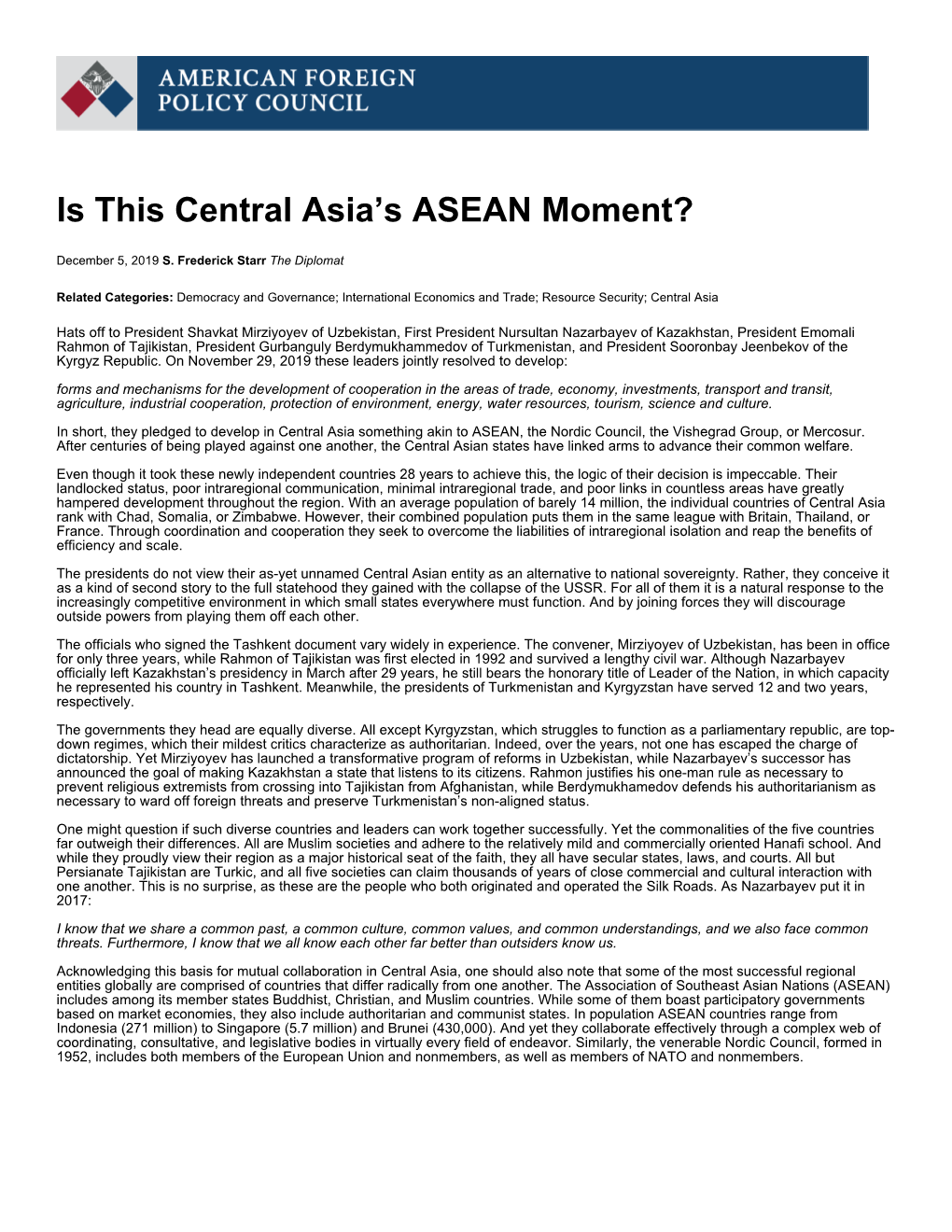 Is This Central Asia's ASEAN Moment? | American Foreign Policy Council