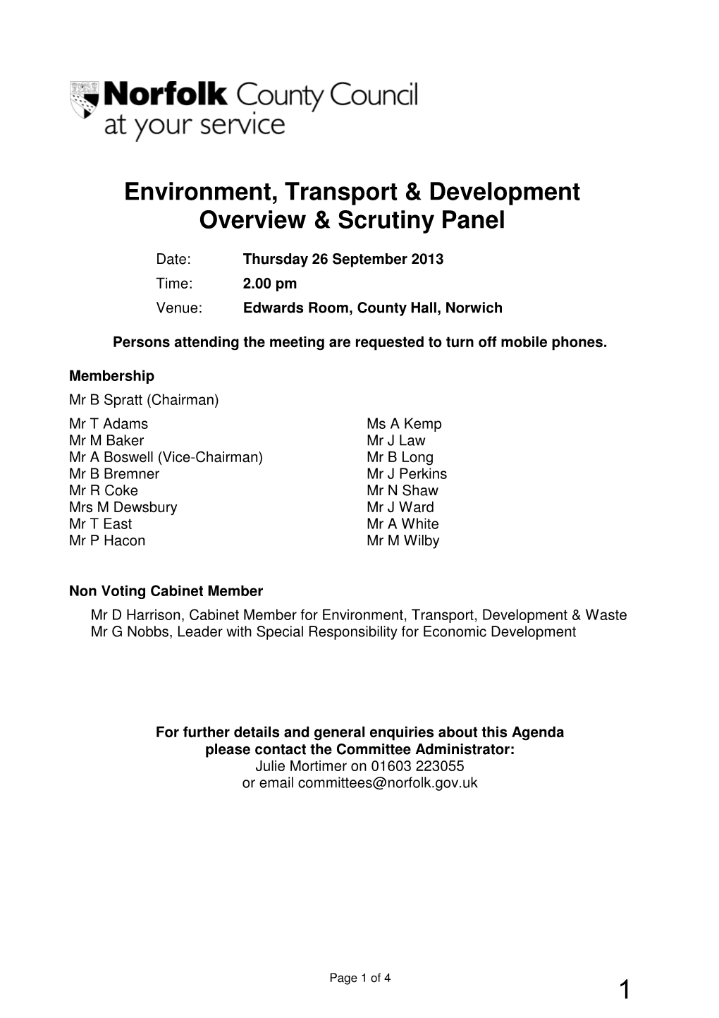 Environment, Transport & Development Overview & Scrutiny Panel Agenda