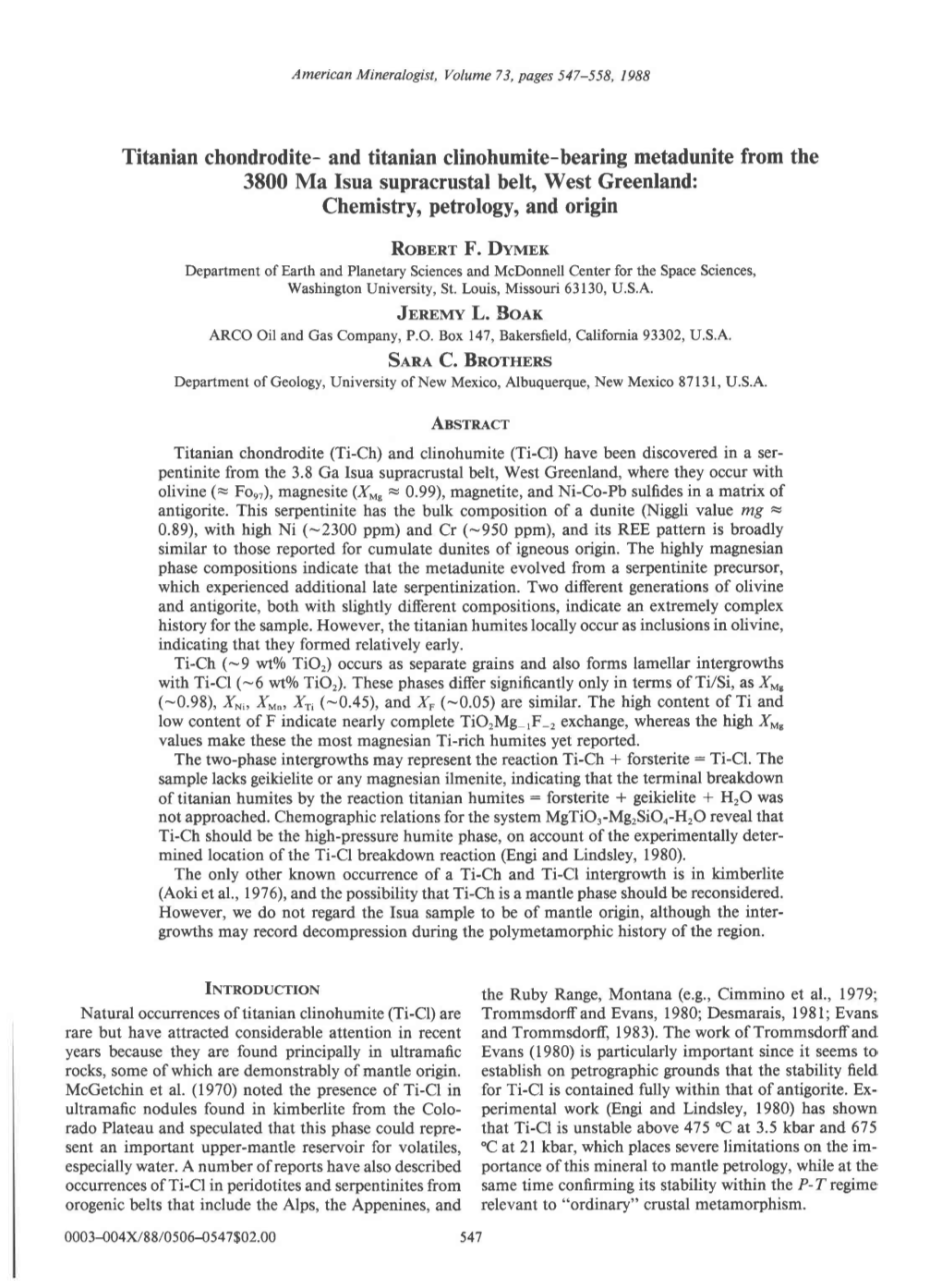 Titanian Chondrodite- and Titanian Clinohumite-Bearing Metadunitefrom the 3800 Ma Isua Supracrustalbelt West Greenland: Chemistry, Petrology, and Origin