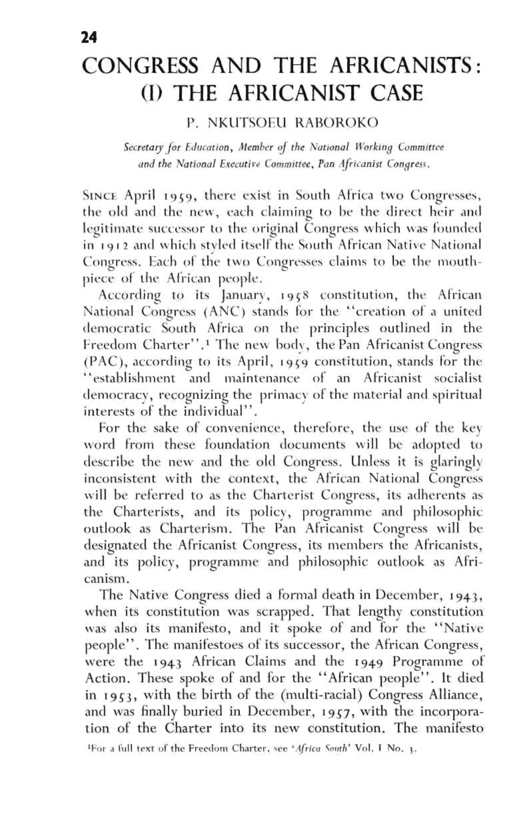 Congress and the Africanists: (I) the Africanist Case P