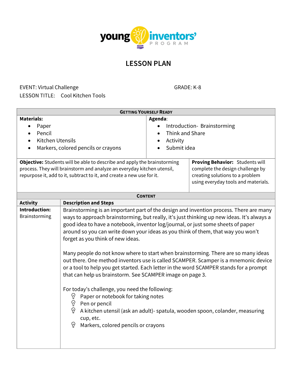 Lesson Plan Cool Kitchen Tool