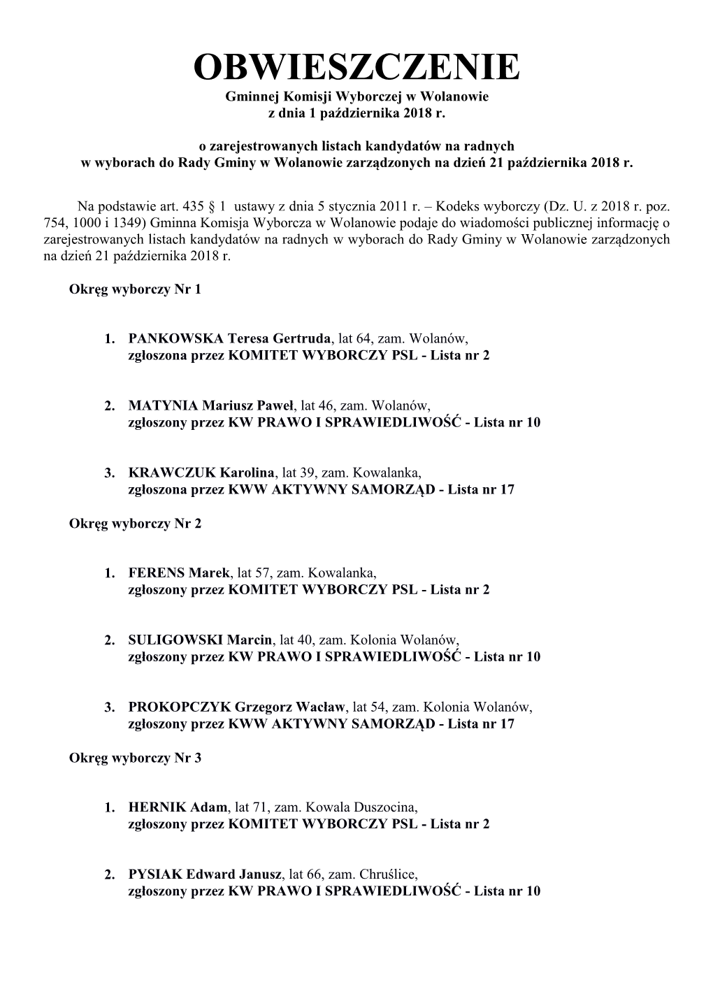 OBWIESZCZENIE Gminnej Komisji Wyborczej W Wolanowie Z Dnia 1 Października 2018 R