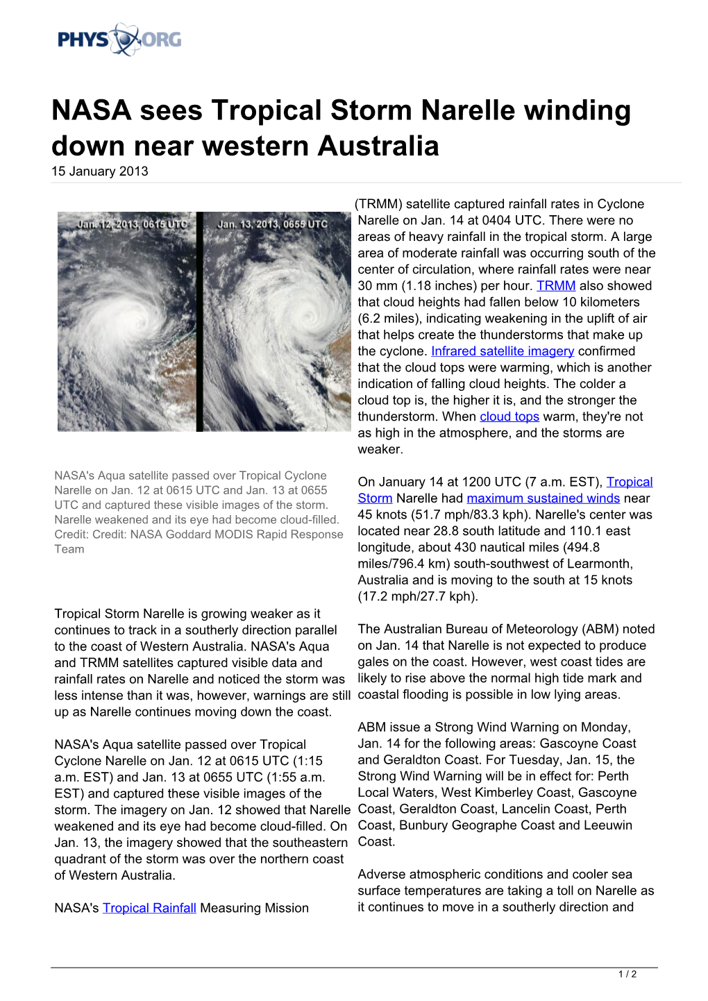 NASA Sees Tropical Storm Narelle Winding Down Near Western Australia 15 January 2013