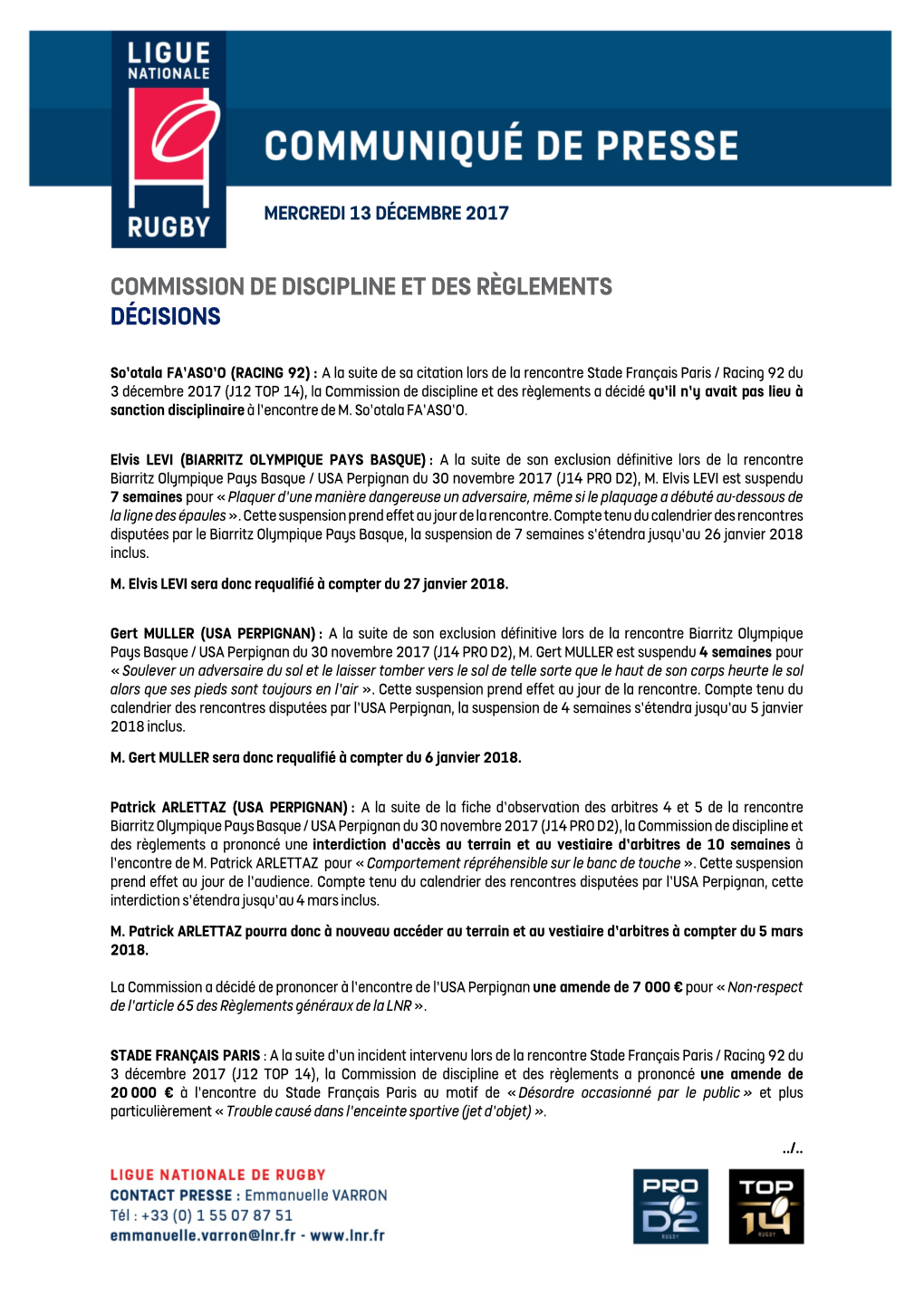 Commission De Discipline Et Des Règlements Décisions