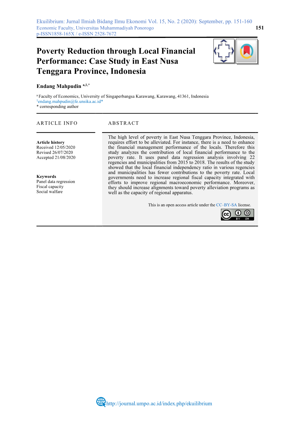 Poverty Reduction Through Local Financial Performance: Case Study in East Nusa Tenggara Province, Indonesia