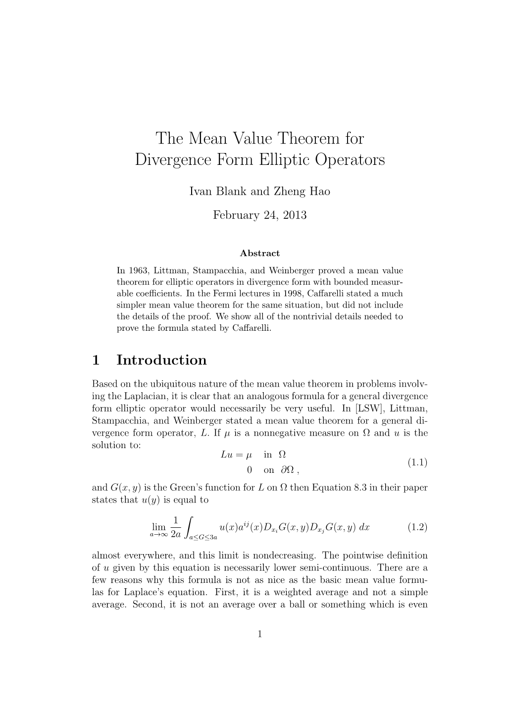 The Mean Value Theorem for Divergence Form Elliptic Operators