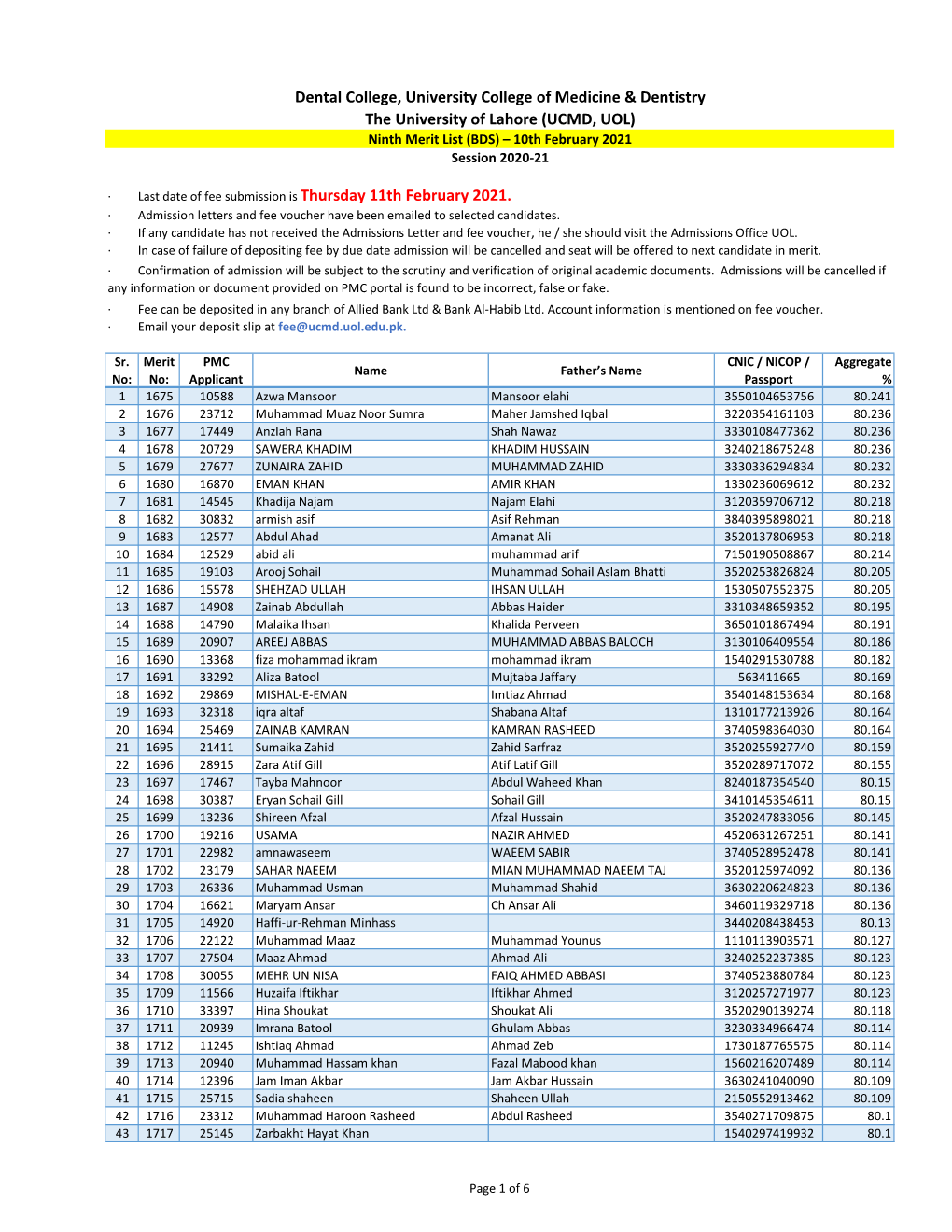 UCMD, UOL) Ninth Merit List (BDS) – 10Th February 2021 Session 2020-21