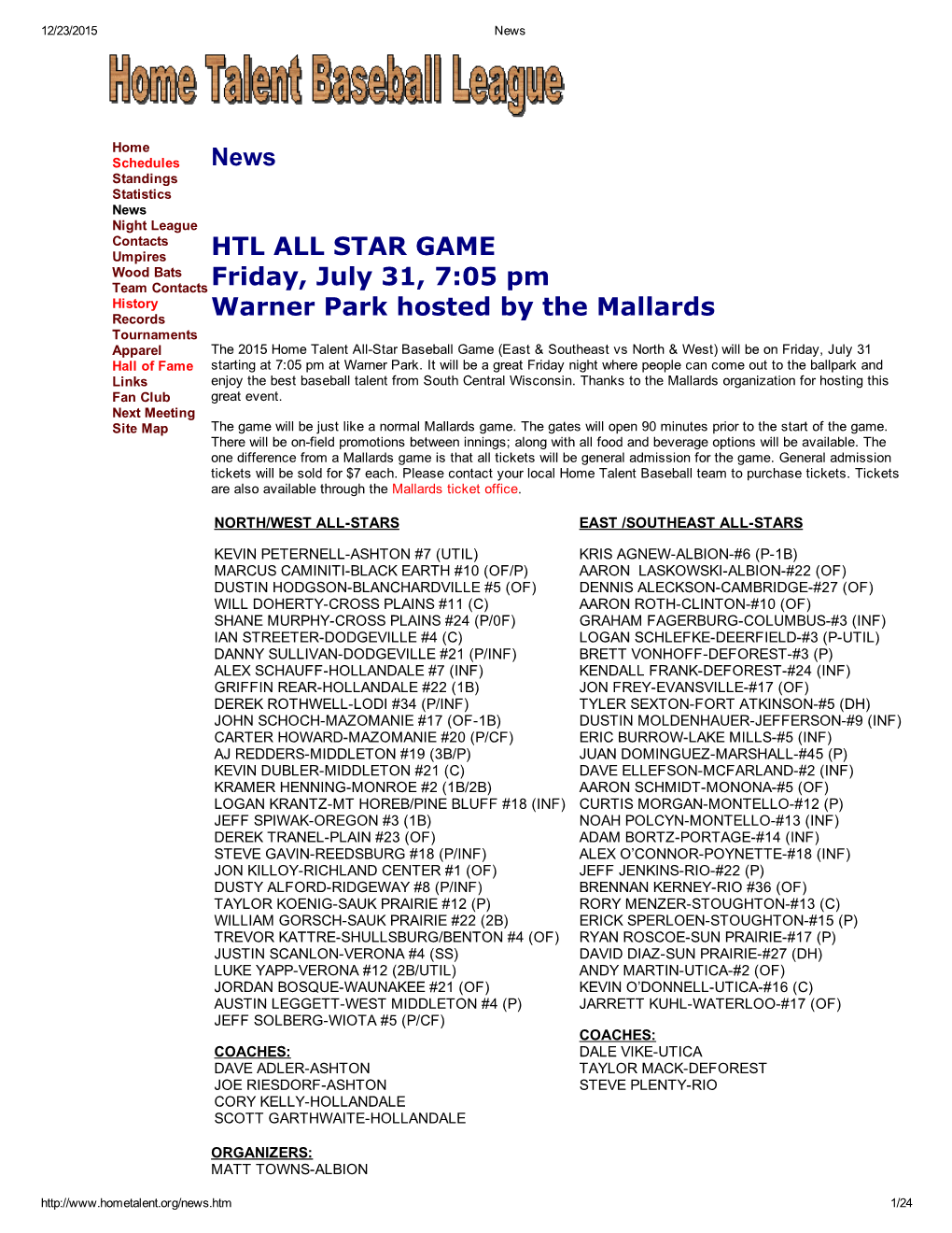 News HTL ALL STAR GAME Friday, July 31, 7:05 Pm Warner Park