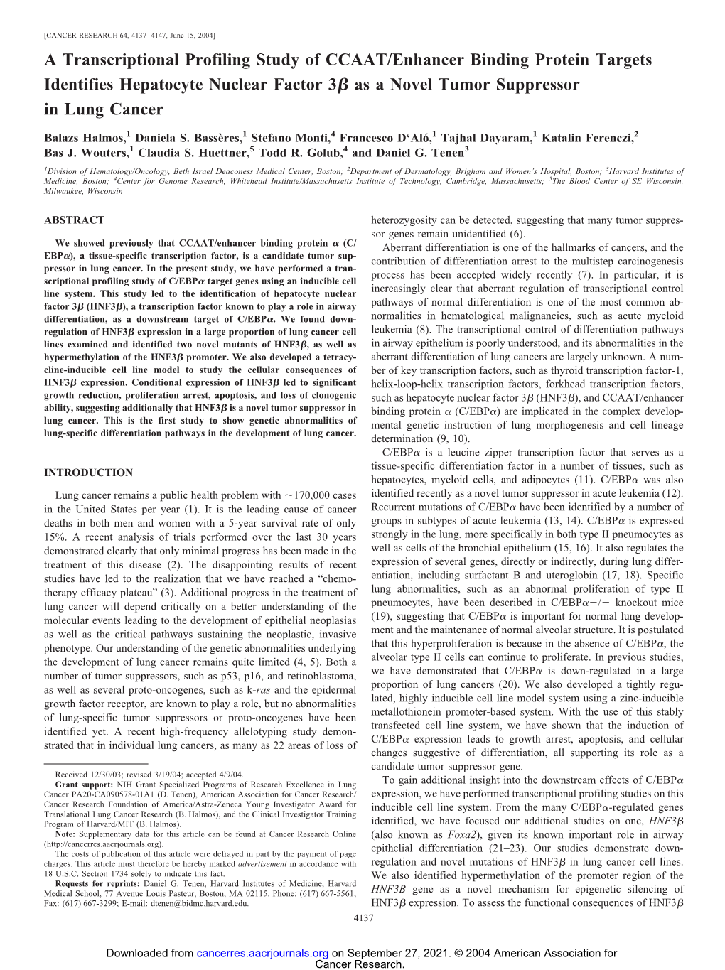 A Transcriptional Profiling Study of CCAAT/Enhancer Binding Protein Targets Identifies Hepatocyte Nuclear Factor 3 As a Novel Tu