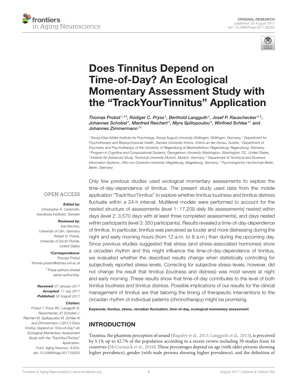 Does Tinnitus Depend on Time-Of-Day? an Ecological Momentary Assessment Study with the “Trackyourtinnitus” Application