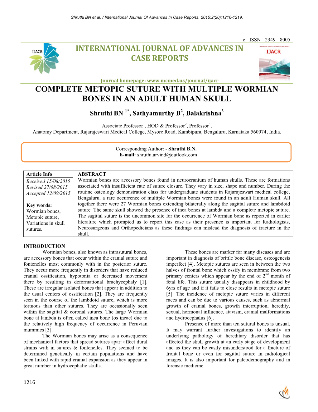 International Journal of Advances in Case Reports, 2015;2(20):1216-1219