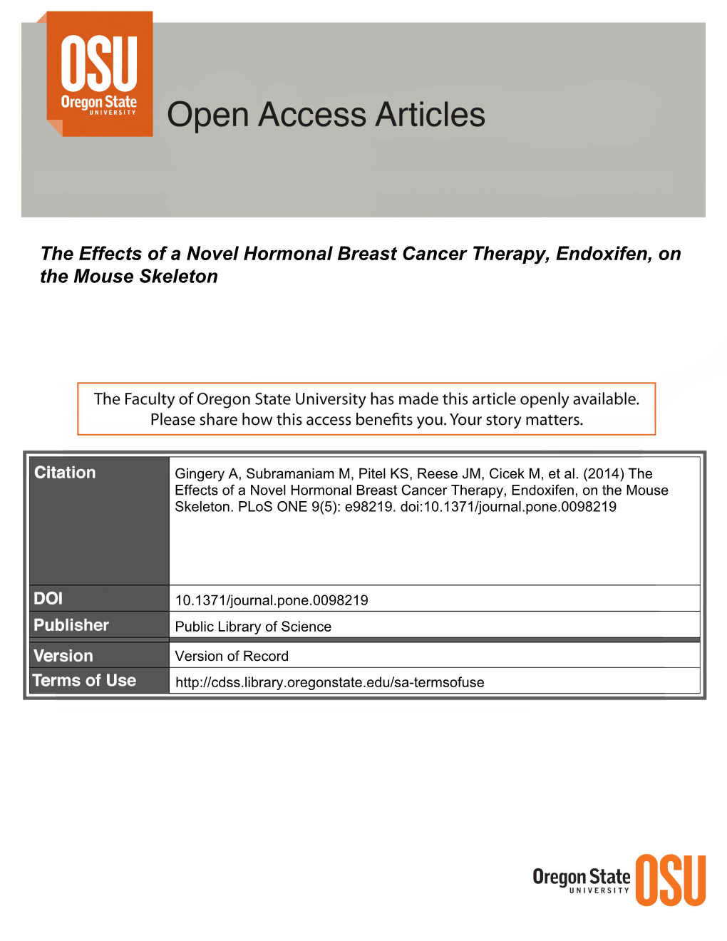 The Effects of a Novel Hormonal Breast Cancer Therapy, Endoxifen, on the Mouse Skeleton