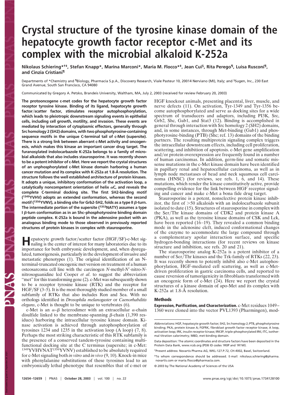 Crystal Structure of the Tyrosine Kinase Domain of the Hepatocyte Growth Factor Receptor C-Met and Its Complex with the Microbial Alkaloid K-252A