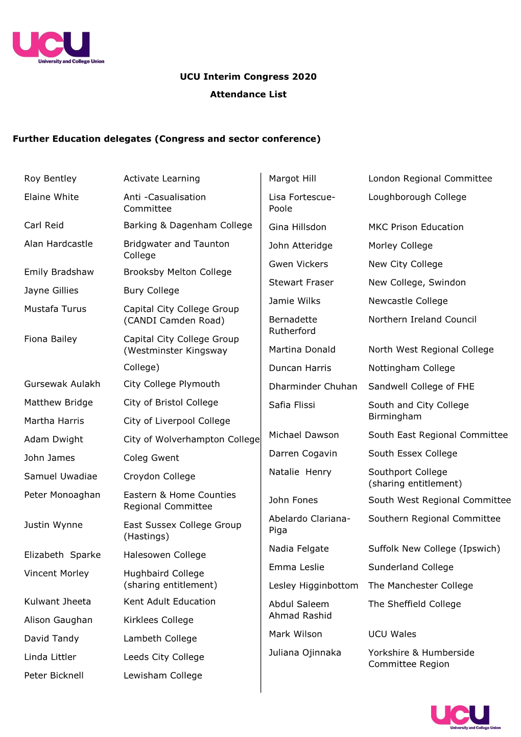 UCU Interim Congress 2020 Attendance List Further Education