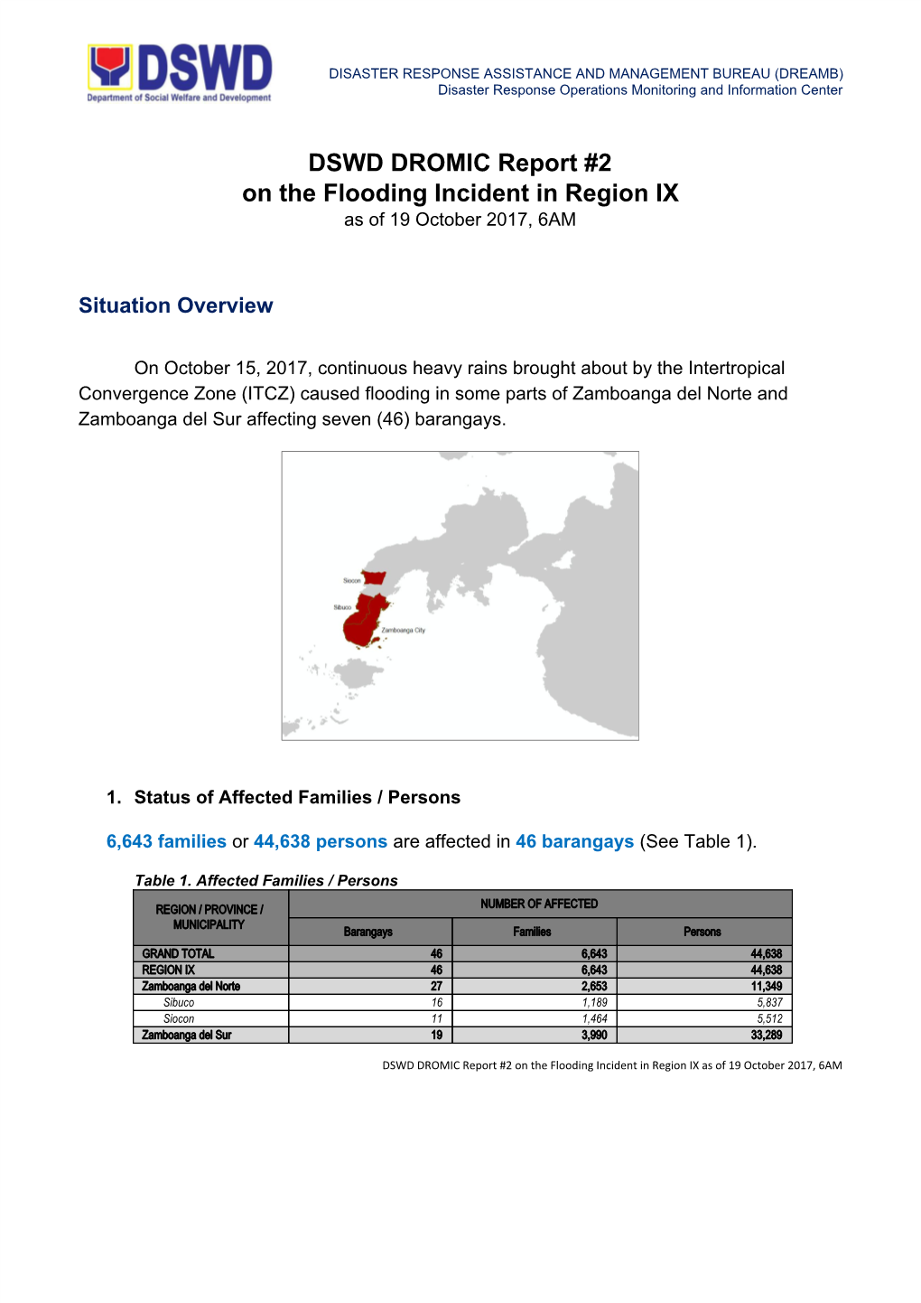 DSWD​ ​DROMIC​ ​Report​ ​#2 On​ ​The​ ​Flooding​ ​Incident