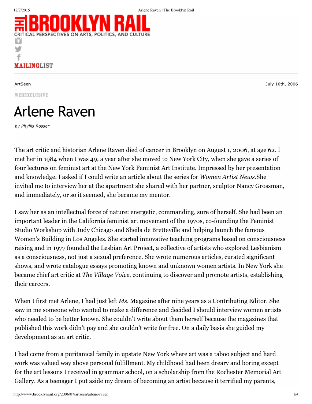 Arlene Raven | the Brooklyn Rail