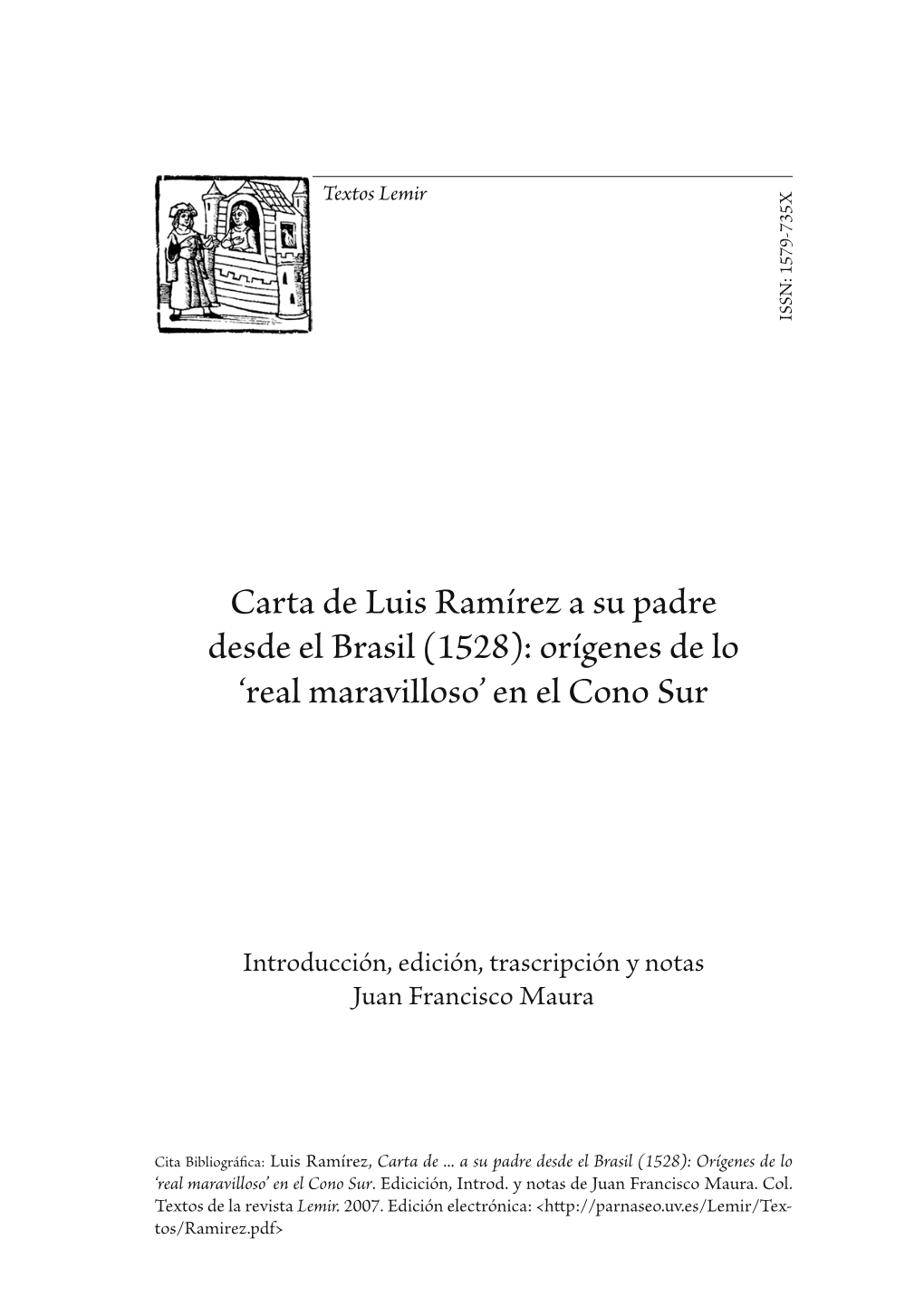 Carta De Luis Ramírez a Su Padre Desde El Brasil (1528): Orígenes De Lo 'Real Maravilloso' En El Cono