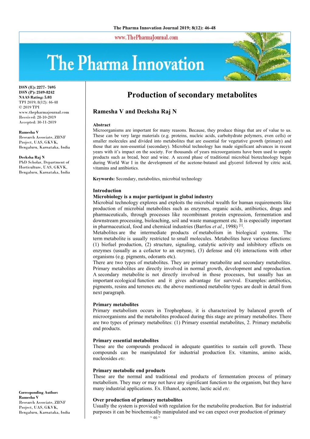 Production of Secondary Metabolites