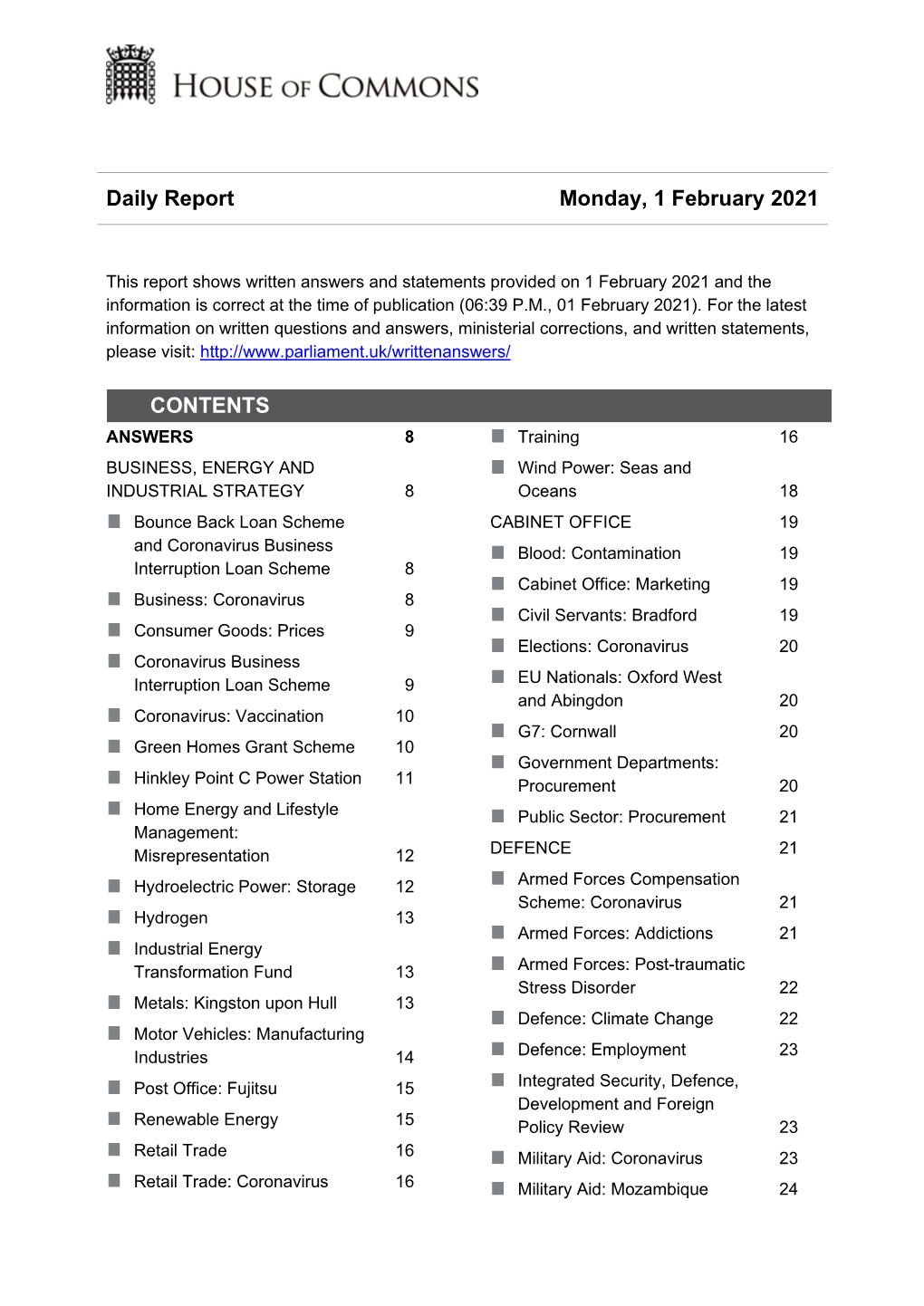 Daily Report Monday, 1 February 2021 CONTENTS