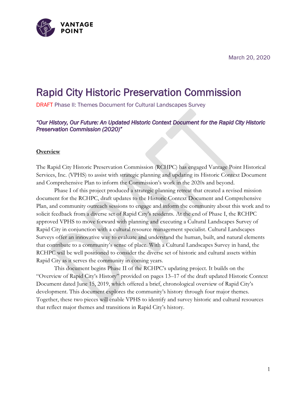 Rapid City Historic Preservation Commission DRAFT Phase II: Themes Document for Cultural Landscapes Survey