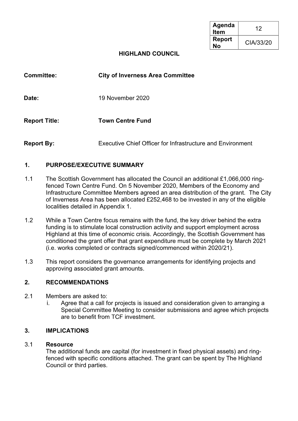 Town Centre Fund Report By