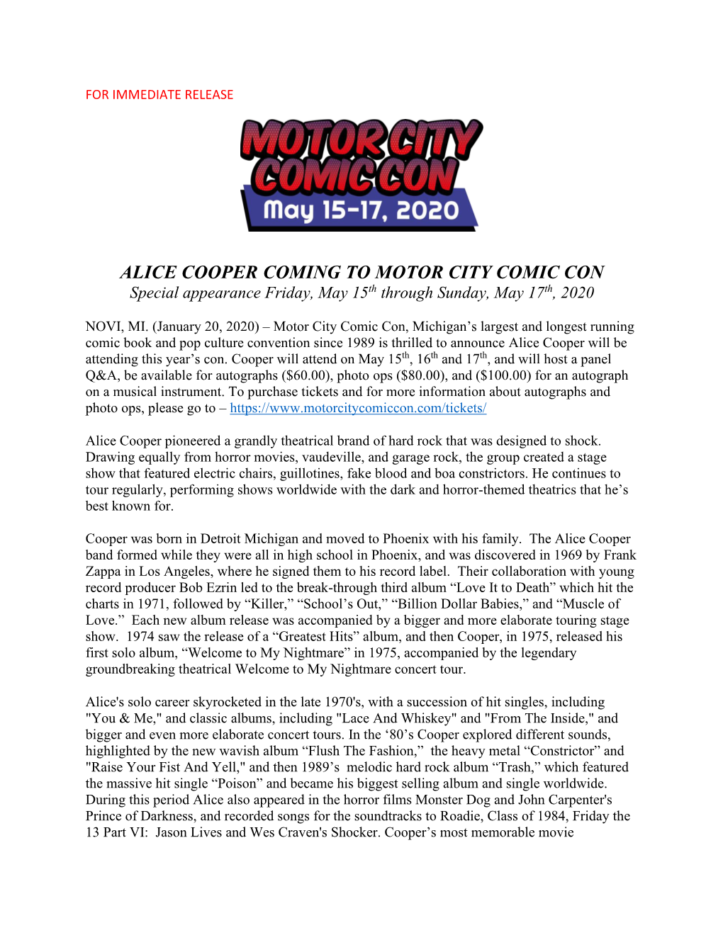 ALICE COOPER COMING to MOTOR CITY COMIC CON Special Appearance Friday, May 15Th Through Sunday, May 17Th, 2020